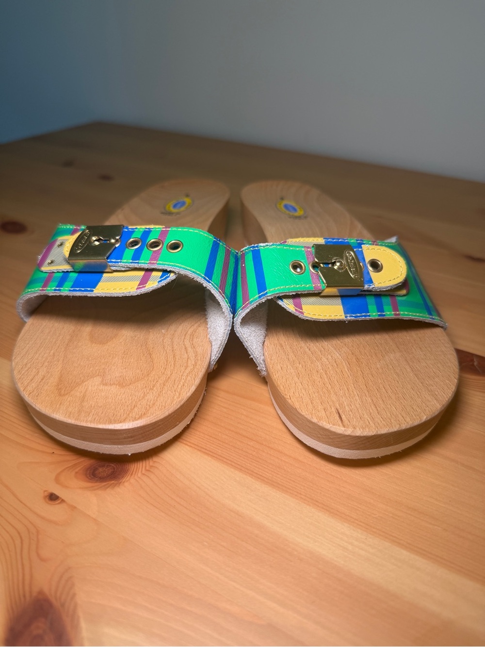 NEW Vintage Dr. Scholl’s Original Wooden Sandals Plaid Multi Color 9 - Picture 2 of 8